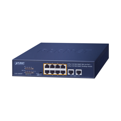 [GSD-1008HP] Switch de Escritorio No Administrable / 8 Puertos 10/100/1000T PoE+ 802.3at / 2 Puertos Uplink 10/100/1000T / Presupuesto PoE 120 Watts / Modos Estándar, VLAN y Extend / Distancia Extendida 250 mts / Rackeable