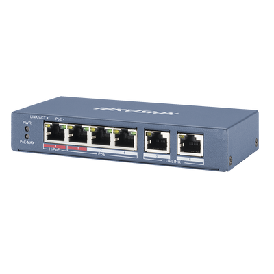 [DS-3E0106HP-E] Switch PoE+ / No Administrable / 3 Puertos 10/100 Mbps 802.3 af/at (30 W) + 1 Puerto 10/100 Mbps Hi-PoE (60 W) / 2 Puertos 10/100 Mbps Uplink / Modo Extendido hasta 300 Metros / 60 W