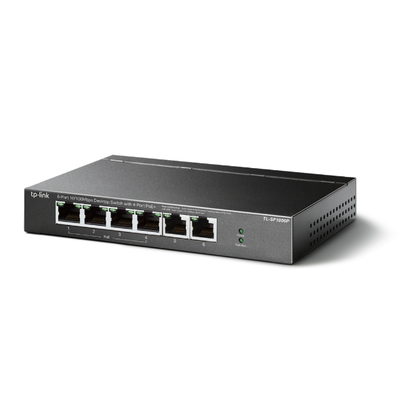 [TLSF1006P] Switch PoE no Administrable de escritorio / 6 puertos 10/100 Mbps / 4 puertos PoE af/at / Presupuesto 67 W / Modo Extensor hasta 250 m / Calidad video prioritaria