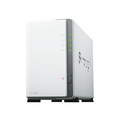[DS223J] NAS DiskStation DS223j | 2 Bahías | CPU Realtek RTD1619B 1.7 GHz | 1 GB DDR4 | Puerto 1GbE RJ-45 | USB 3.2 Gen 1 | Compatible con HDD y SSD | Synology DSM | RAID 0, 1, JBOD | SMB, AFP, NFS, FTP | Vigilancia IP