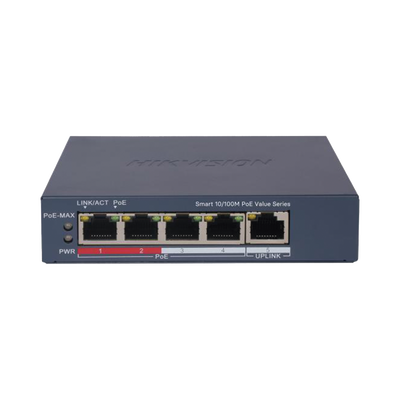 Switch PoE+ / Monitoreable / 4 Puertos 10/100 Mbps PoE+ / 1 Puerto 10/100 Mbps Uplink / Configuración Nube Hik-PartnerPro / Modo Extendido hasta 300 Metros /  45 W