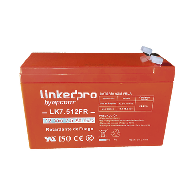 [LK7.512FR] Batería 12 V / 7.5 Ah / UL / Tecnología AGM / Vida útil promedio de 5 años / Retardante a la Flama / Para equipo electrónico, Alarmas de Intrusión / Incendio/ Control de acceso / Video Vigilancia / Incluye adaptad